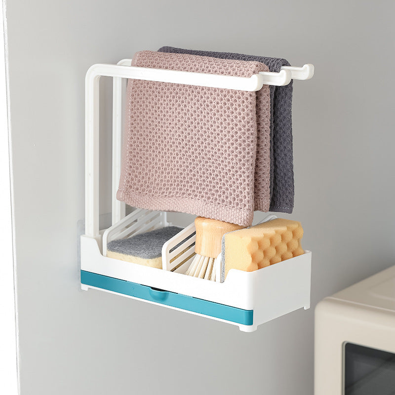 Drain Rack Sponge Storage Rack with Tray Perforation-free Vertical Wall Hanging Rag Rack for Kitchen Supplies