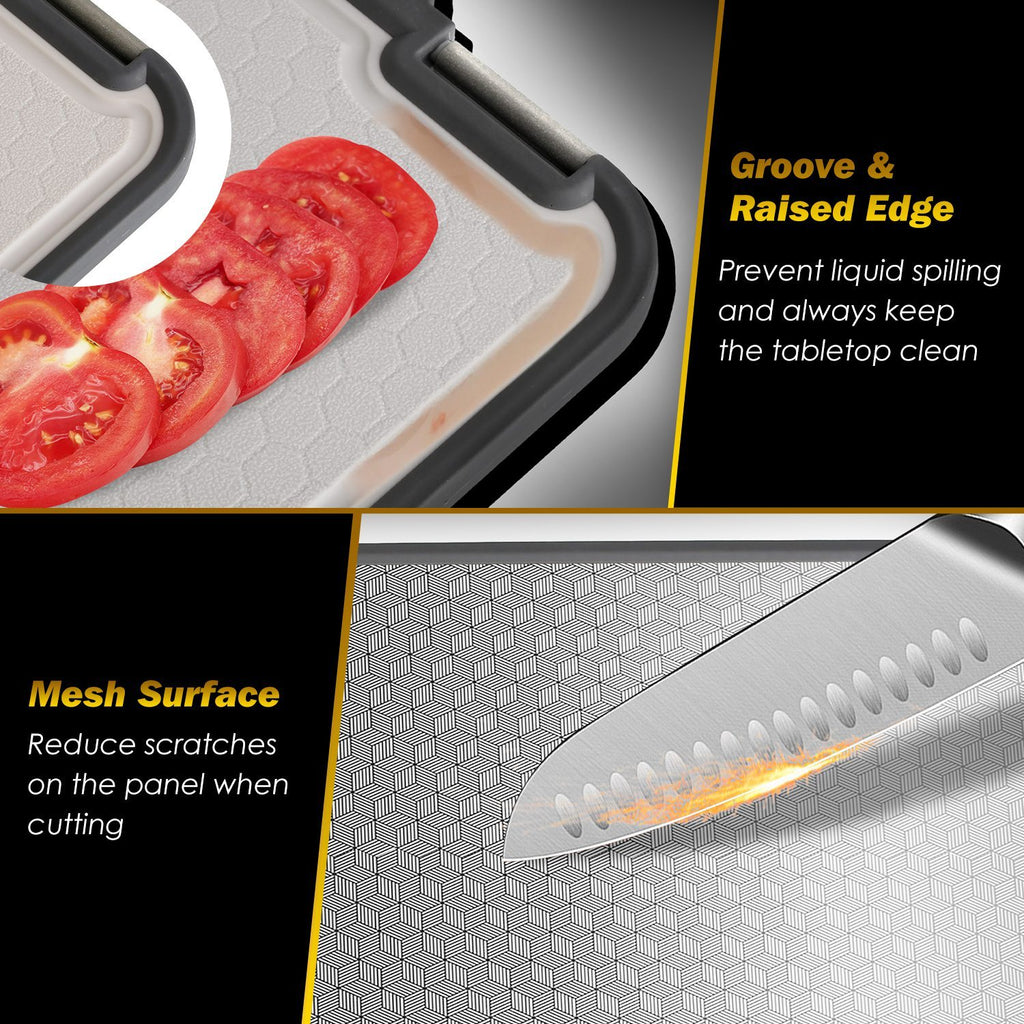 2Pcs Double Sided Cutting Board Stainless Steel PP Chopping Board Lightweight Kitchen Cutting Board Mesh Design With Grinding Zone Knife Sharpener Handle Dishwasher Safe