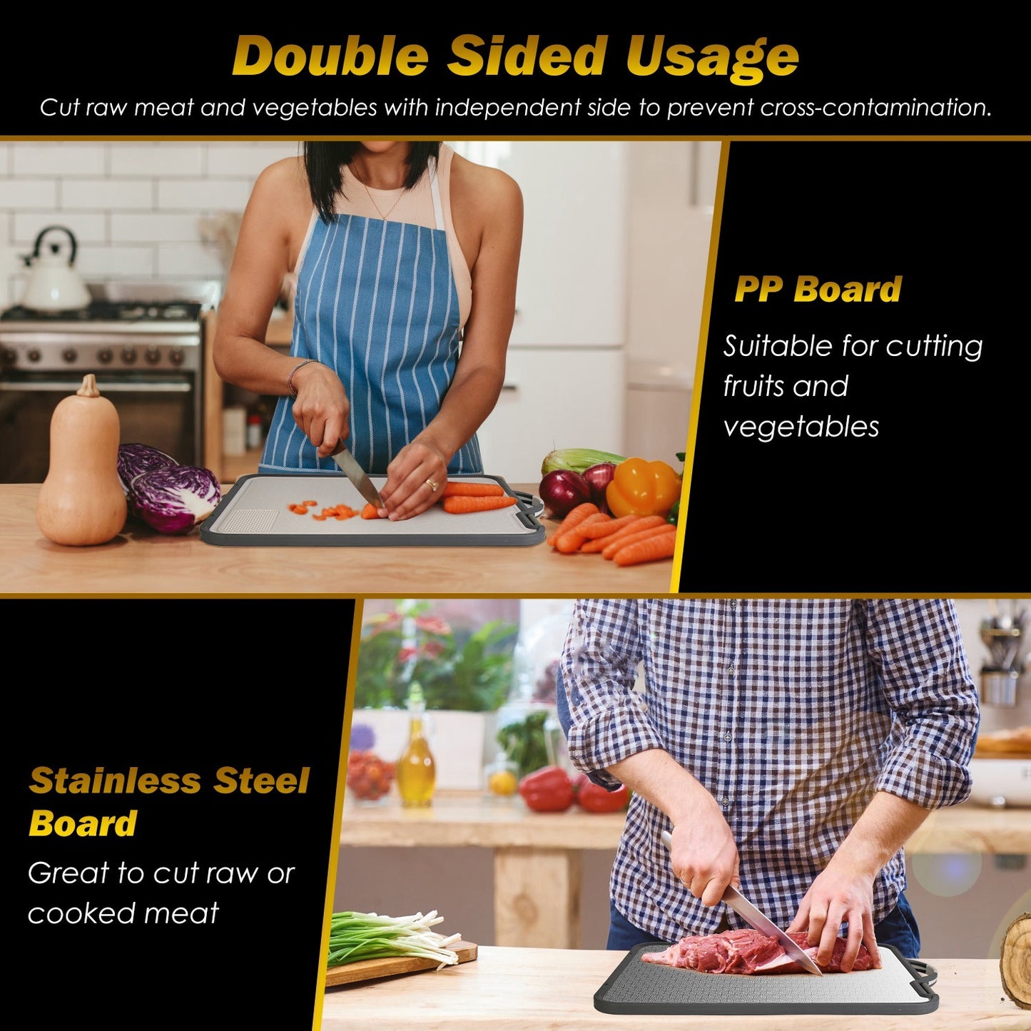 2Pcs Double Sided Cutting Board Stainless Steel PP Chopping Board Lightweight Kitchen Cutting Board Mesh Design With Grinding Zone Knife Sharpener Handle Dishwasher Safe