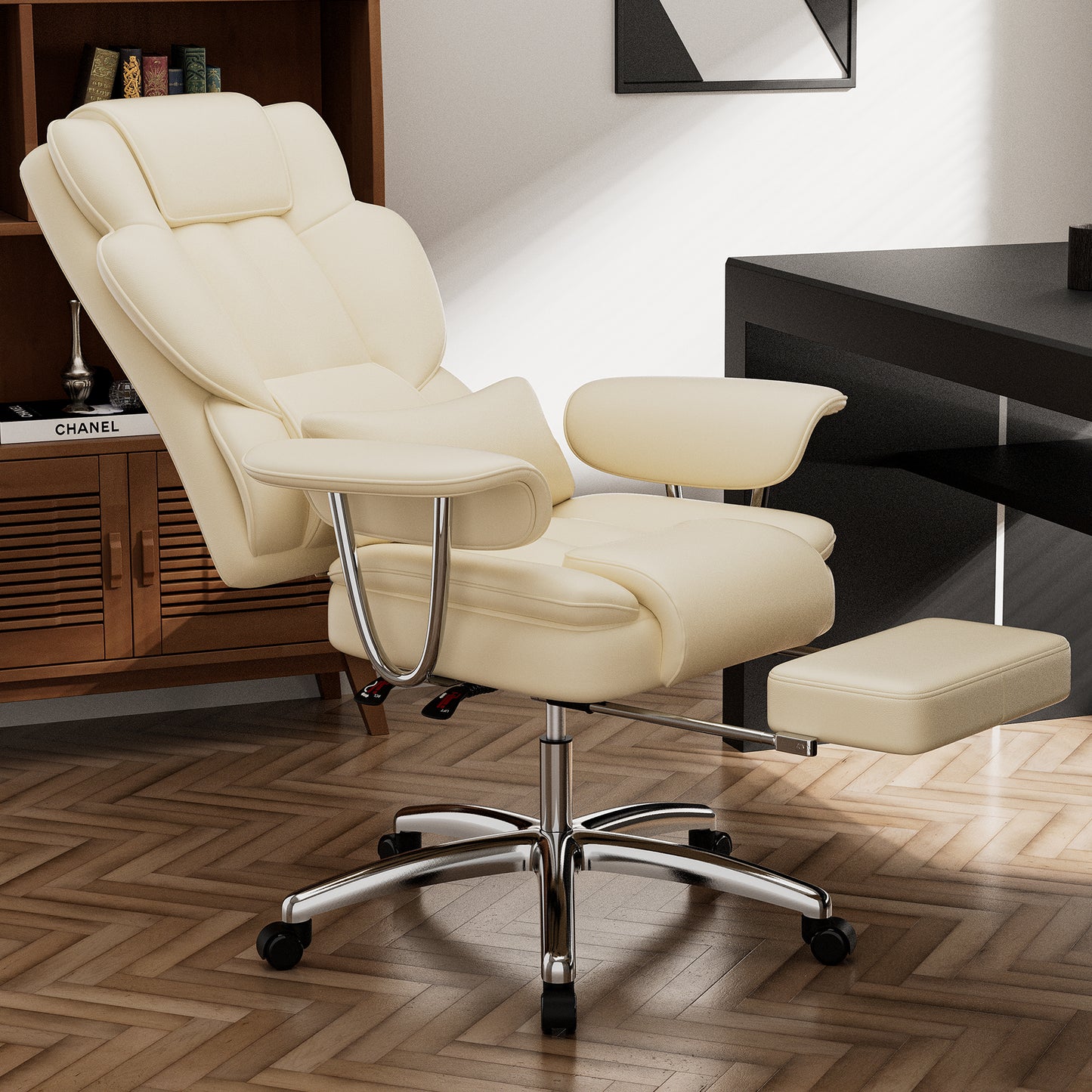 Office Chair, Big And Tall Executive Office Chair With Footrest, Leather Computer Chair, Ergonomic Reclining Chair High Back , Large Home Office Chair Beige