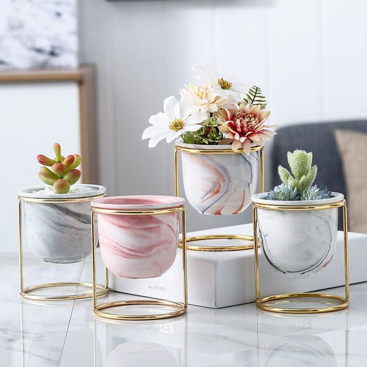 Marble pattern gilded ceramic flower pot