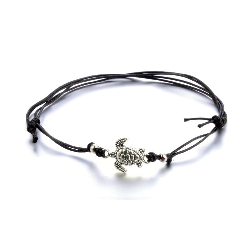 European And American Hemp Rope Multi-layer Turtle Anklet Hand-woven Antique Silver Turtle Beach Anklet Bracelet