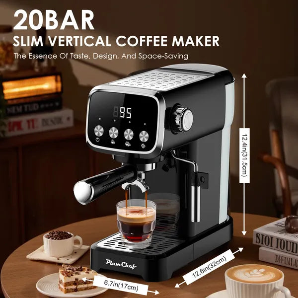 20 BAR Slim Vertical Espresso Machine With Milk Frother, Built-in Cup Warmer, 43 OZ Detachable Tank, For Rich Espresso, Americano, Latte, Compact Space-Saving Design, Screen Button, Black