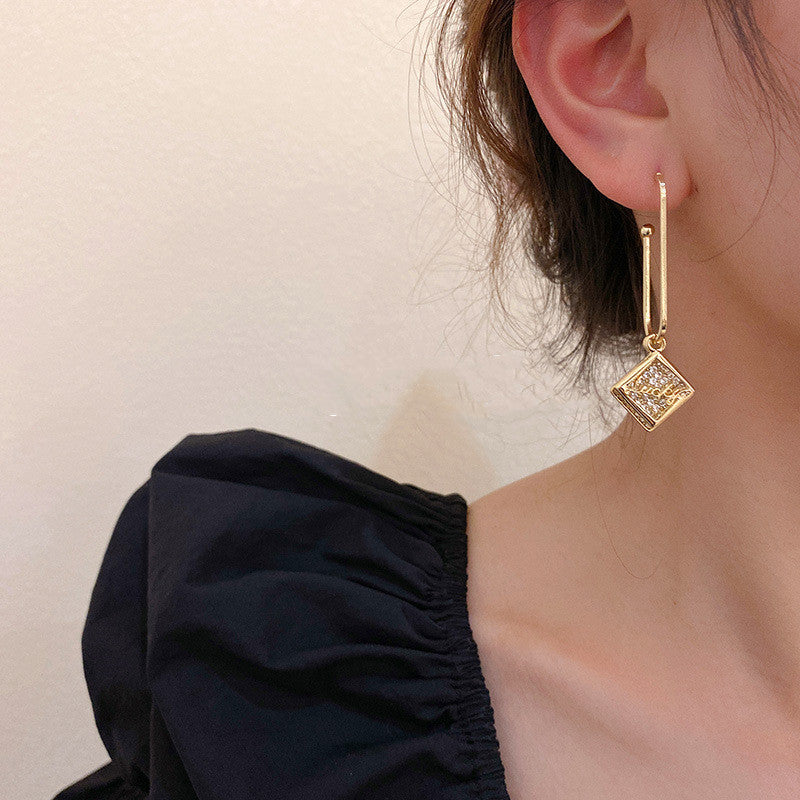925 Silver Needle Geometric Square Asymmetric Simple Earrings
