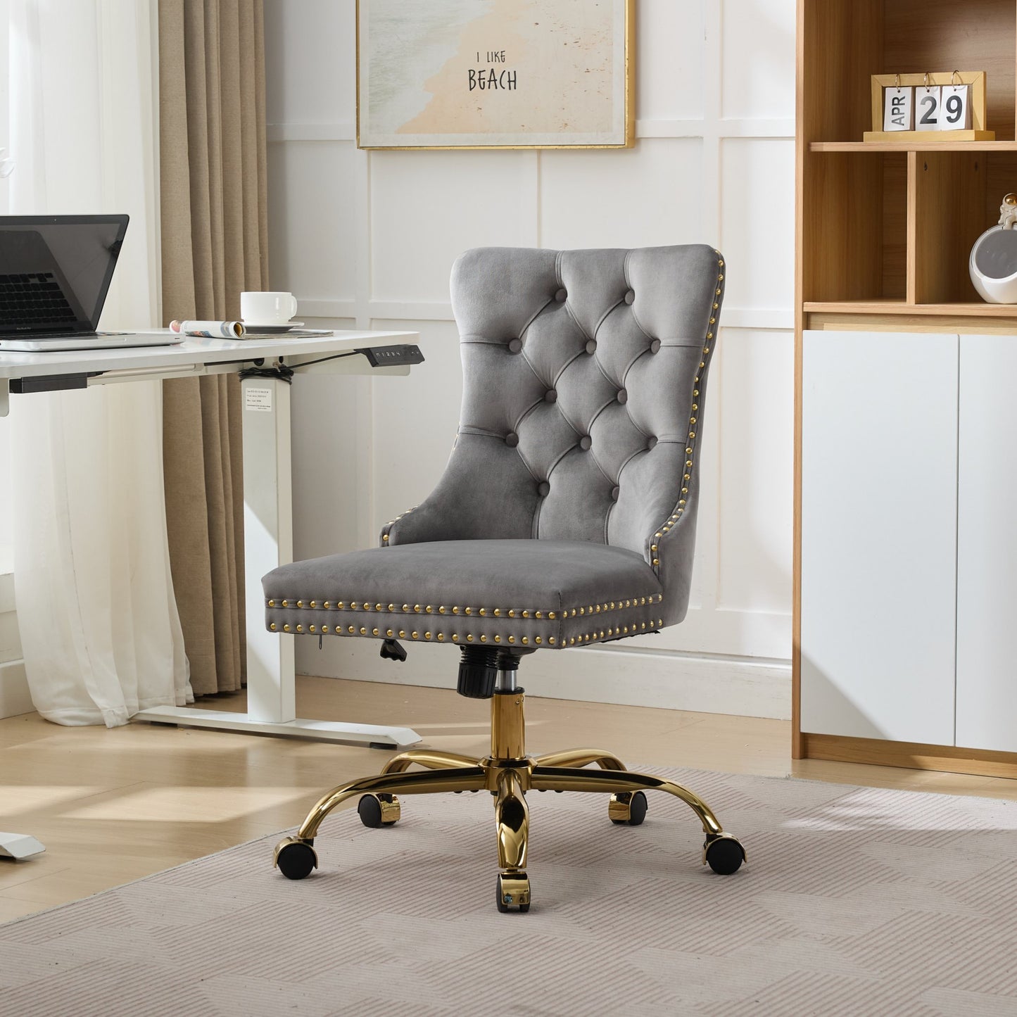 A&A Furniture Office Chair,Modern Velvet Upholstered Tufted Button Home Office Chair With Golden Metal Base,Adjustable Desk Chair Swivel Office Chair Gray