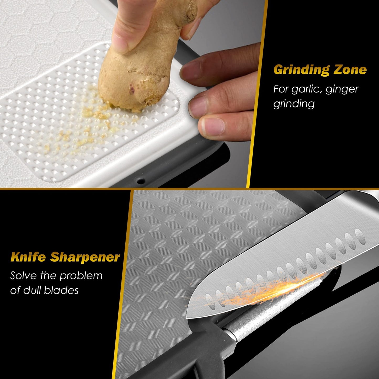2Pcs Double Sided Cutting Board Stainless Steel PP Chopping Board Lightweight Kitchen Cutting Board Mesh Design With Grinding Zone Knife Sharpener Handle Dishwasher Safe