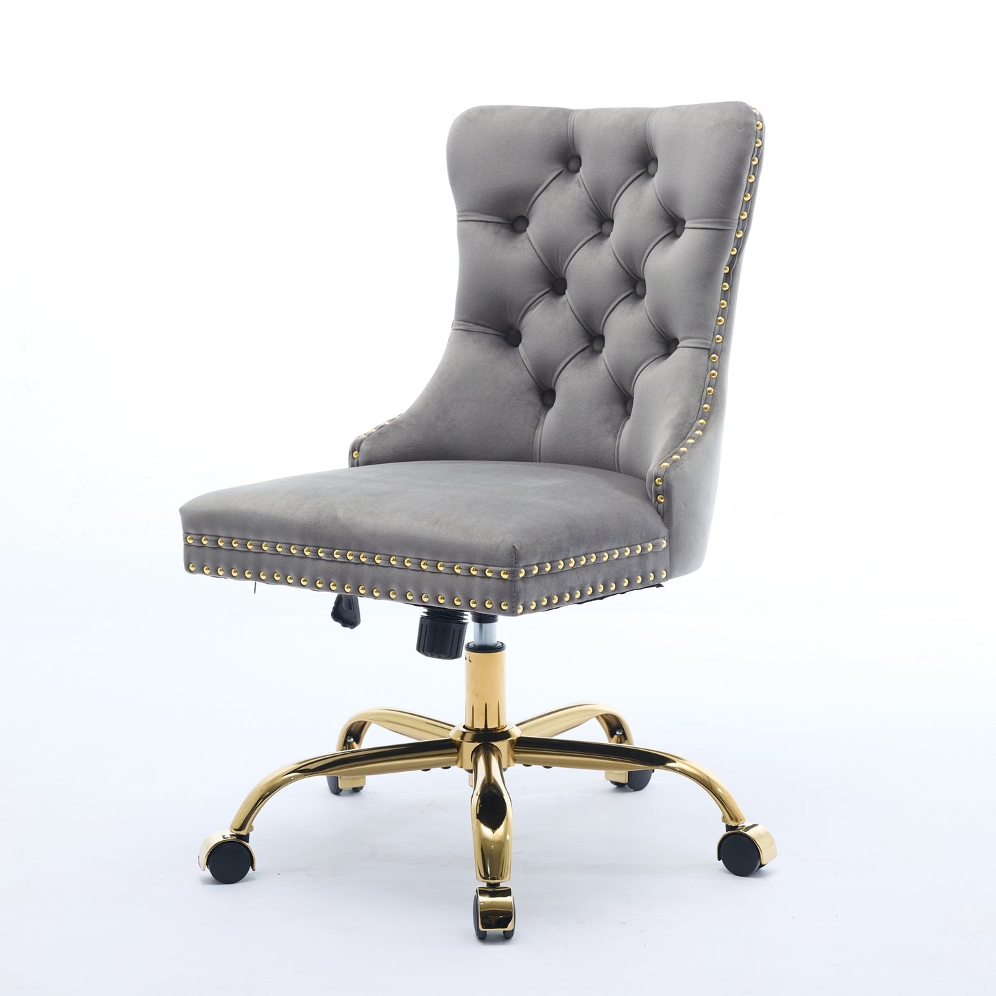 A&A Furniture Office Chair,Modern Velvet Upholstered Tufted Button Home Office Chair With Golden Metal Base,Adjustable Desk Chair Swivel Office Chair Gray