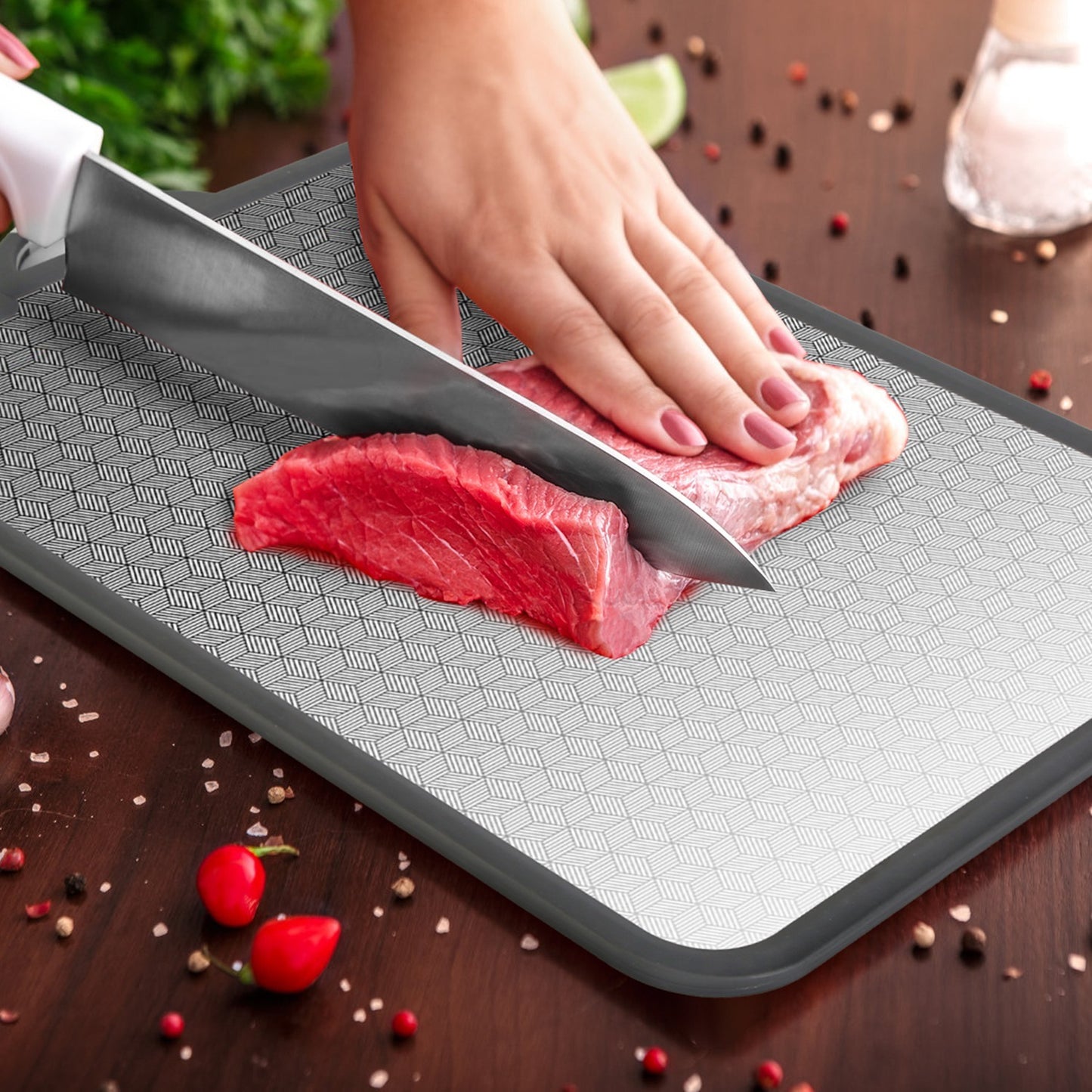 2Pcs Double Sided Cutting Board Stainless Steel PP Chopping Board Lightweight Kitchen Cutting Board Mesh Design With Grinding Zone Knife Sharpener Handle Dishwasher Safe