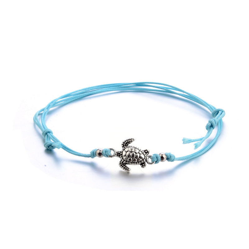 European And American Hemp Rope Multi-layer Turtle Anklet Hand-woven Antique Silver Turtle Beach Anklet Bracelet