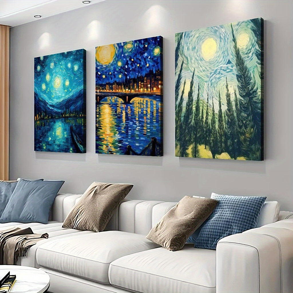 3-piece Starry Sky Canvas Wall Art Set, Abstract Blue Night Sky Landscape Prints, Wrapped Pine Frames, Classic Decorative Art Style, Modern Indoor Outdoor Wall Hanging Decor, Suitable For Living Room