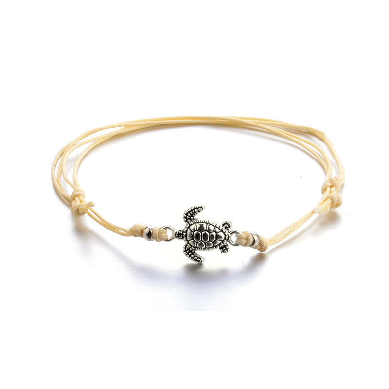 European And American Hemp Rope Multi-layer Turtle Anklet Hand-woven Antique Silver Turtle Beach Anklet Bracelet