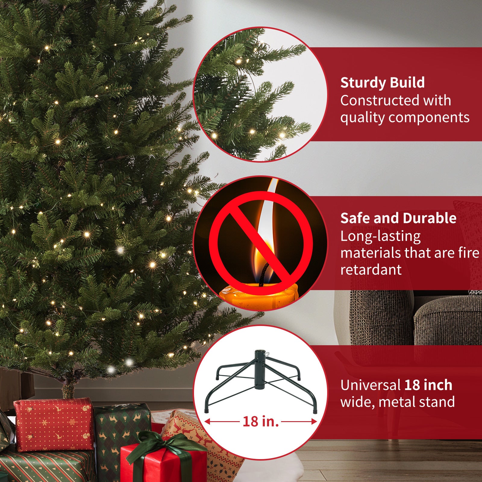 Aspen Slim Fir 7.5ft Christmas Tree Pre-Lit Artificial With 4,570 Branch Tips & 1,555 Low-Voltage Warm LED Lights, Foldable Stand & Realistic Flame-Resistant Branches