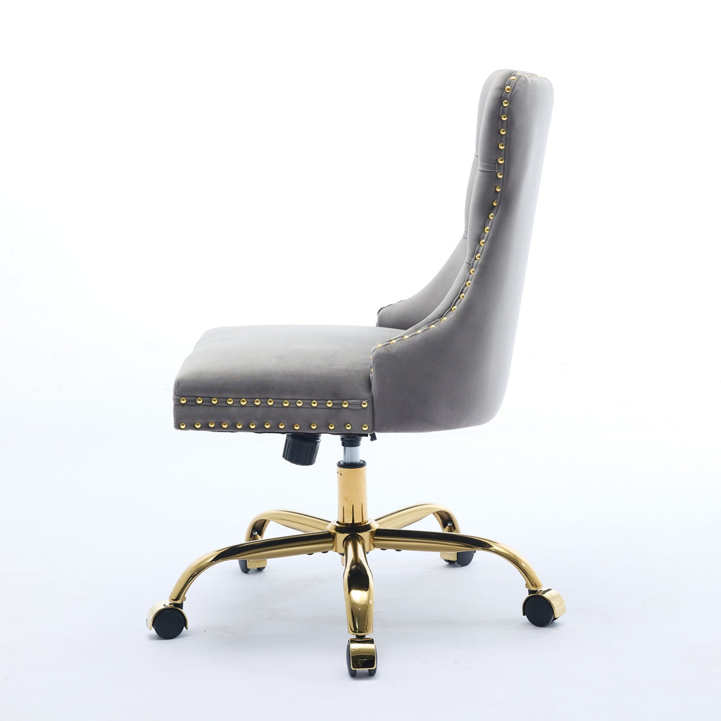 A&A Furniture Office Chair,Modern Velvet Upholstered Tufted Button Home Office Chair With Golden Metal Base,Adjustable Desk Chair Swivel Office Chair Gray